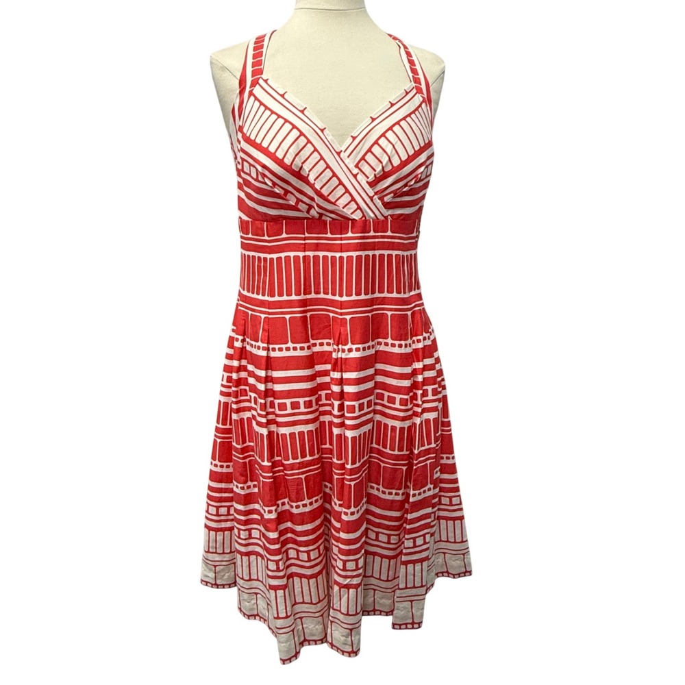 Dressbarn Halter Fit Flare Dress‎ Red White 12 Empire Pleated Boho Hippie Indie